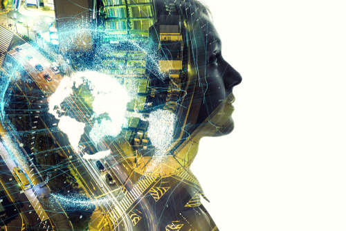 a blended shot of the earth, technology and a woman's face depicting the interplay between climate and AI